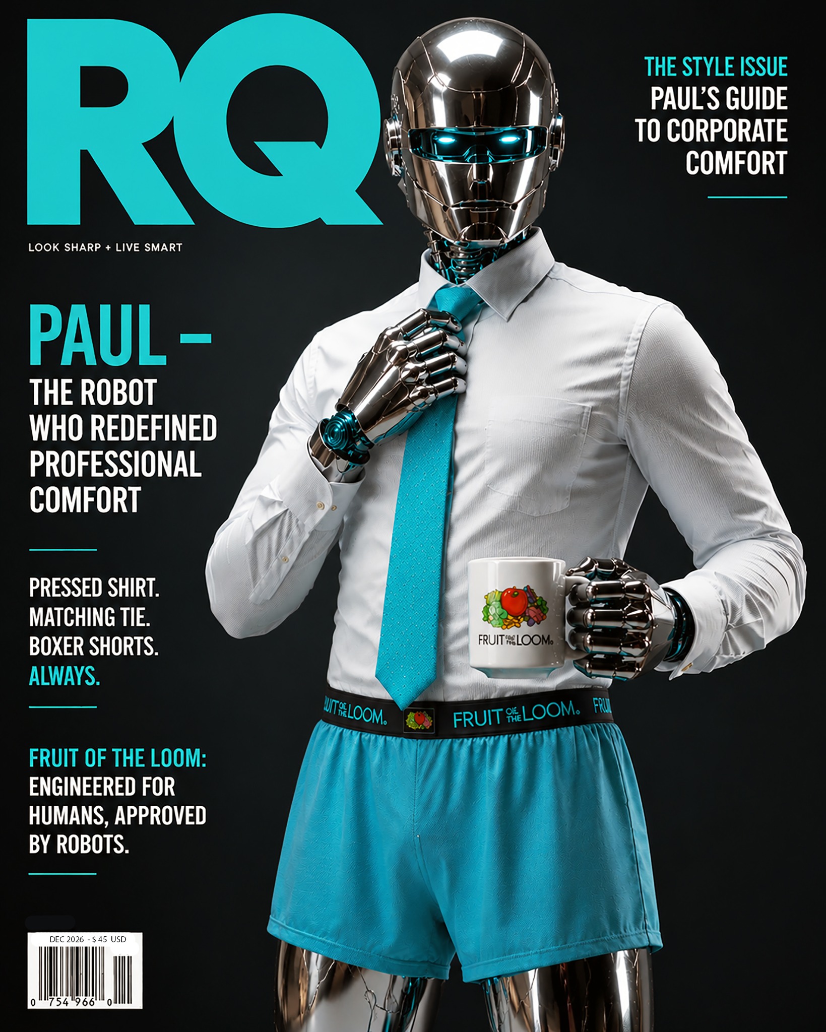 Robot Quarterly Issue 001 cover featuring Paul, a chrome robot wearing a white shirt, turquoise tie, and matching boxer shorts